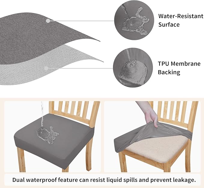 Easy-Going 100% Waterproof Seat Covers for Dining Room Chairs Set of 2, Stretch Chair Seat Slipcovers Protector Removable and Washable Kitchen Dining Chair Covers, Light Gray