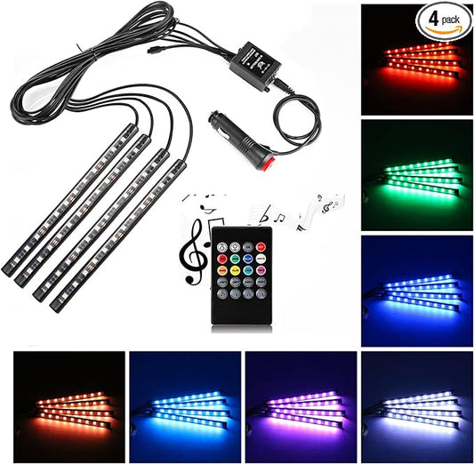 Car LED Strip Light,Uniwit 4 Pieces DC 12V Multicolor Car Interior Music Light LED Underdash Lighting Kit with Sound Active Function and Wireless Remote Control Including Car Charger