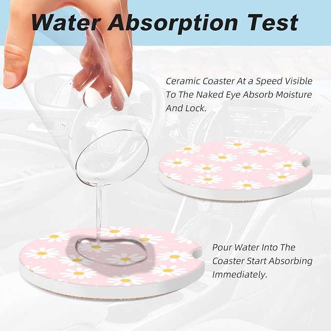 Pink Daisy Flower Car Coasters for Cup Holders,2 Pack Car Cup Holder Coasters for Car,Ceramic Absorbent Car Coaster with A Finger Notch and Cork Base,Car Interior Accessories for Women Men