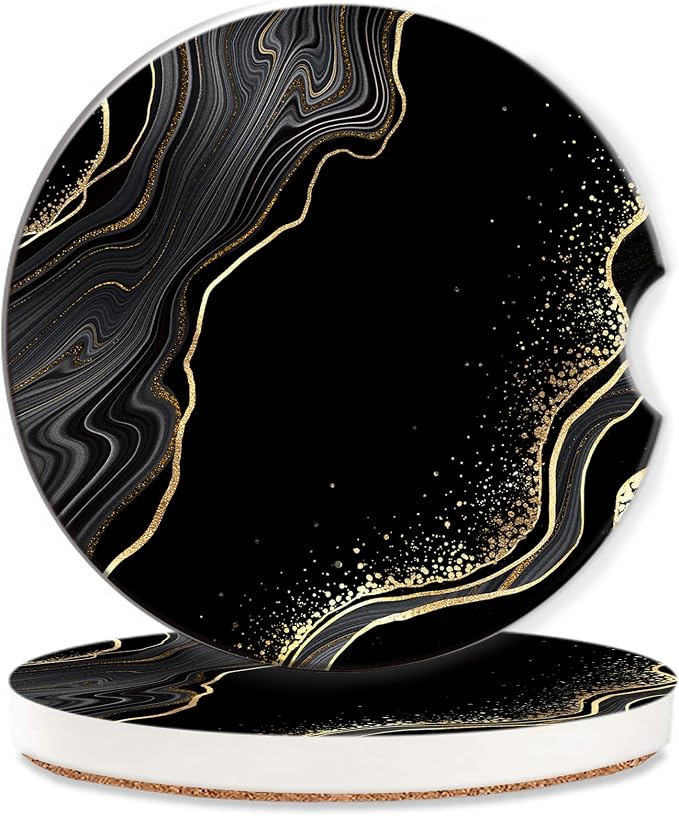 Black Gold Marble Car Coasters for Women 2 Pack,Abstract Lines Absorbent Car Coasters for Cup Holders Insert Ceramic Anti Slip with Finger Notch & Cork Base Auto Accessories Gifts
