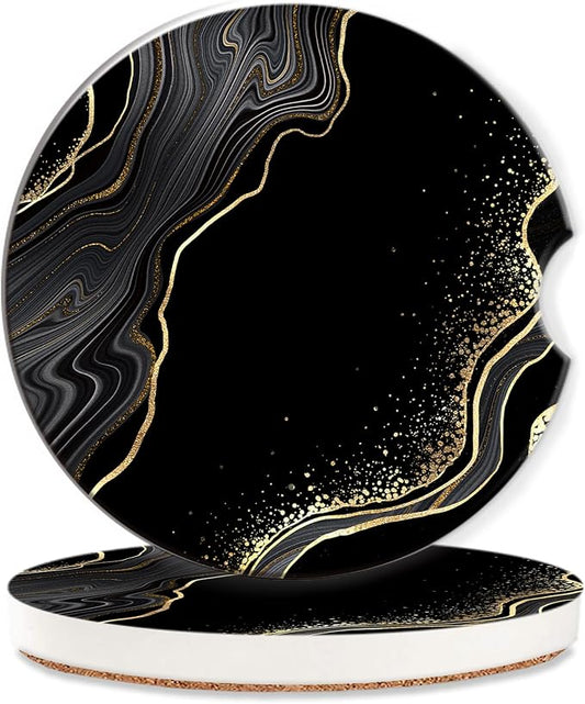 Black Gold Marble Car Coasters for Women 2 Pack,Abstract Lines Absorbent Car Coasters for Cup Holders Insert Ceramic Anti Slip with Finger Notch & Cork Base Auto Accessories Gifts