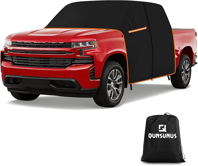 QUNSUNUS Silverado 1500 Cab Cover Regular/Extended/Crew Cab All Years Compatible with Sierra 1500,Waterproof Silverado Truck Cover with Cotton Liner, Half Car Cover with Adjustable Straps and Zipper
