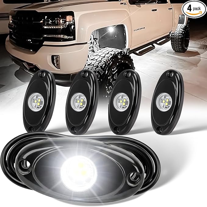 YONEDA 4 Pods White Rock Lights 6000K 3LED Bright LED Underglow Lights IP68 Waterproof for Trucks SUV UTV ATV RZR Car Boats Pickup Motorcycle