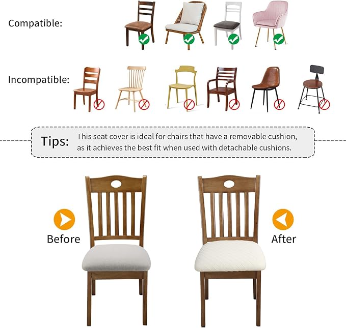 Fuloon Stretch Chair Seat Covers 6 PCS, Removable Washable Dining Chair Covers Anti-Dust Dining Room Seat Cushion Slipcovers (6, Beige)