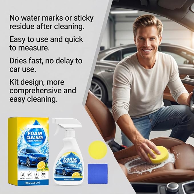 Car Interior Cleaner Foam with Sponge & Microfiber Towel, Deep Cleaning Auto Detailing Spray for Dashboard, Leather, Vinyl, Plastic, Carpet & Upholstery, Fast Stain Removal, Quick Drying, Lemon Scent