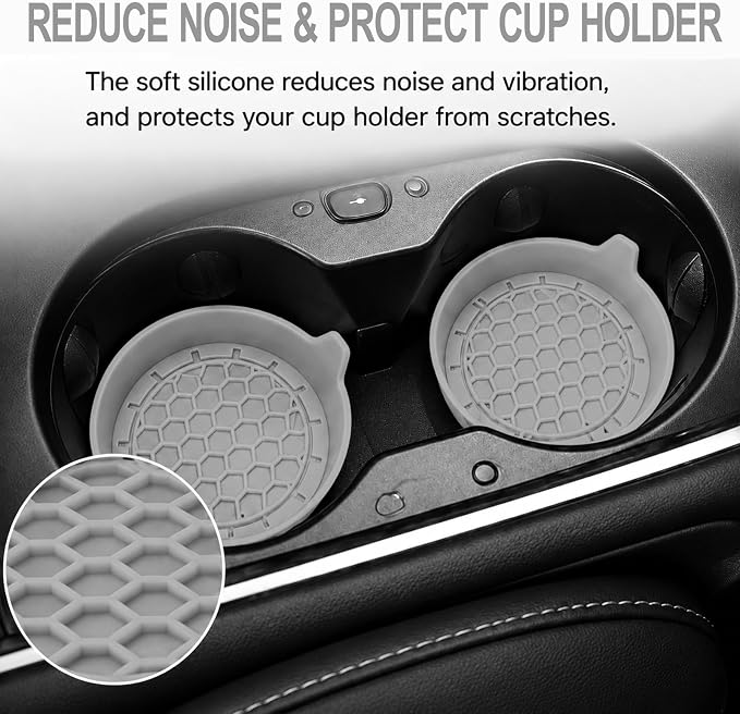 4 Pack Car Cup Holder Coaster, 3.15 Inch Non-Slip Silicone, Gray | Cup holder insert, spill proof ,raised lip, honeycomb base, rinse clean, fits most sedans suvs trucks, automotive accessories