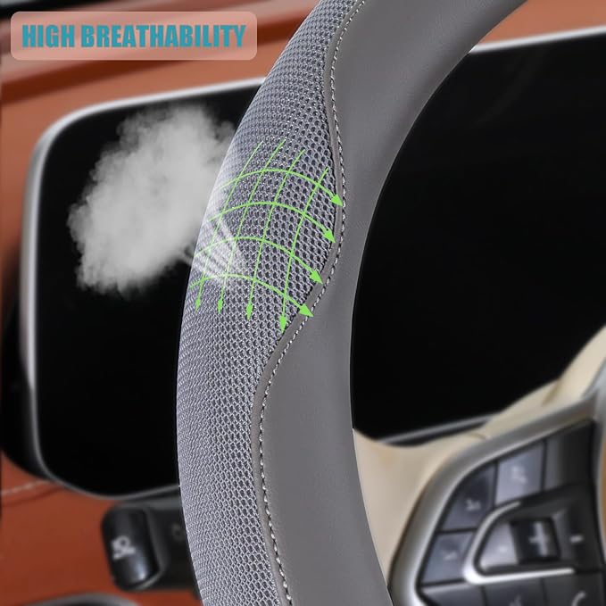 Nappa Leather Ice Silk Fabric Grey Steering Wheel Cover | Non-Slip Breathable Soft Car Accessories, Warm in Winter and Cool in Summer, Small 13.5 inch to 14 inch for Prius Golf Cart