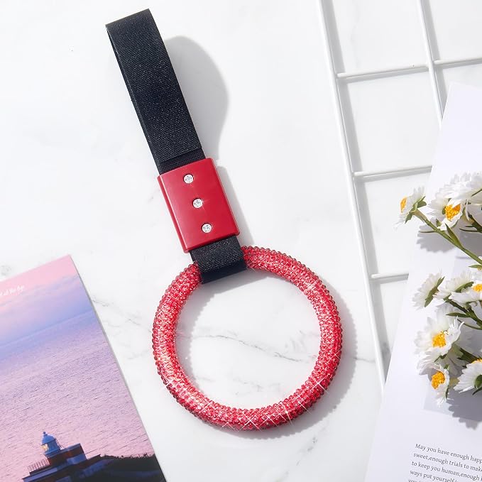 Fabbay Bling Car Accessories Bling Round Handle Ring Car Accessory for Women Hand Strap Drift Charm Rear Bumper Warning Ring Decor for Auto Bus Interior Exterior Decoration(Red, Round Style)