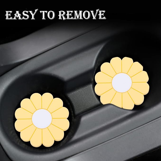 4-Pack Car Cup Holder Coaster Inserts, Daisy Shape, 2.75 Inch Non-Slip Silicone Cup Holder Insert, Universal Non-Slip Cup Holders, Car Accessories Interior for Women and Man (Yellow)