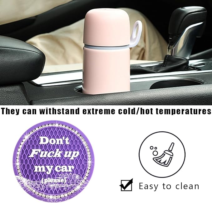 2 PCS Bling Car Cup Coaster, 2.75 Inch Anti-Slip Cup Holder Insert Coasters, Crystal Rhinestone Auto Drink Car Cup Mat for Women Girls, Universal Interior Car Accessories (Purple)