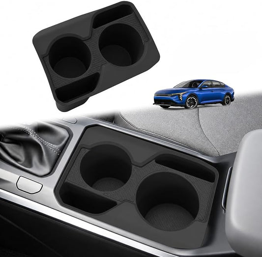 Center Console Cup Holder Insert for Kia K4 2025 2026, Soft Silicone Cup Holder Organizer Tray, Dual Drink Slots, Anti-Slip Interior Storage Bin Accessories, Black
