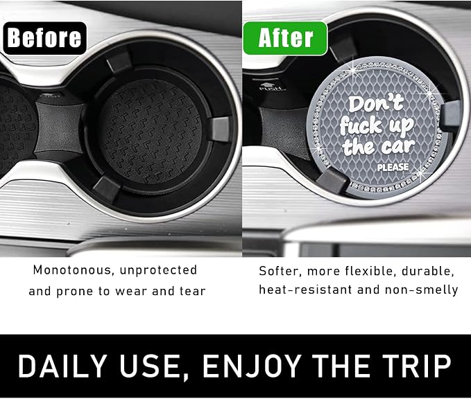 Ohleats Bling Car Cup Coaster, 2.75 Inch Non-Slip Don't Fuck Up My Car Please Cup Holder Insert Coaster, Crystal Rhinestone Auto Drink Cup Mat, Universal Car Accessories (Gray-4PCS)