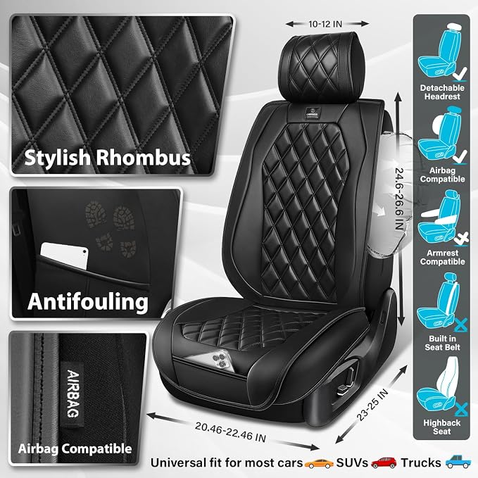 CAR PASS Luxury Nappa Leather Car Seat Covers Front Seats Only, Waterproof Faux Leather Front Seat Covers, Universal Automotive Seat Cushion Fit for Sedan SUV Truck Van, Airbag Compatible Rhomb Black
