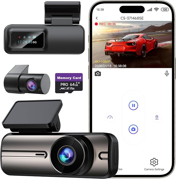Dash Cam Front and Rear 4K+1080P, Dual Dash Cam with 64GB Card, 5GHz WiFi, App Control, G-Sensor Emergency Recording, Loop Recording, 24H Parking Mode Supports, Dash Camera for Cars