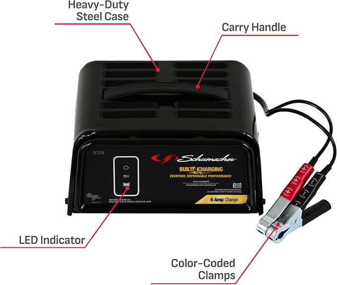 Schumacher Electric Battery Charger and Maintainer, SC1320, 3-in-1, Fully Automatic, 6 Amps, 6 Volt, 12 Volt, for Car, SUV, Truck, and Marine Batteries (Pack of 2)