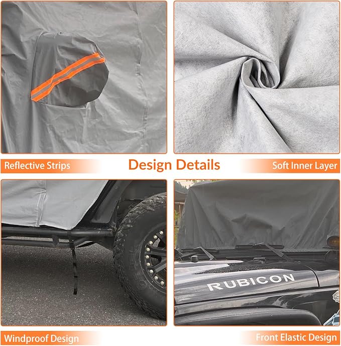 Waterproof Cab Cover for Jeep Wrangler JK JL 2 Door | Zipper access, windproof design, soft cotton lining, all-weather protection against rain, snow, UV rays and dust
