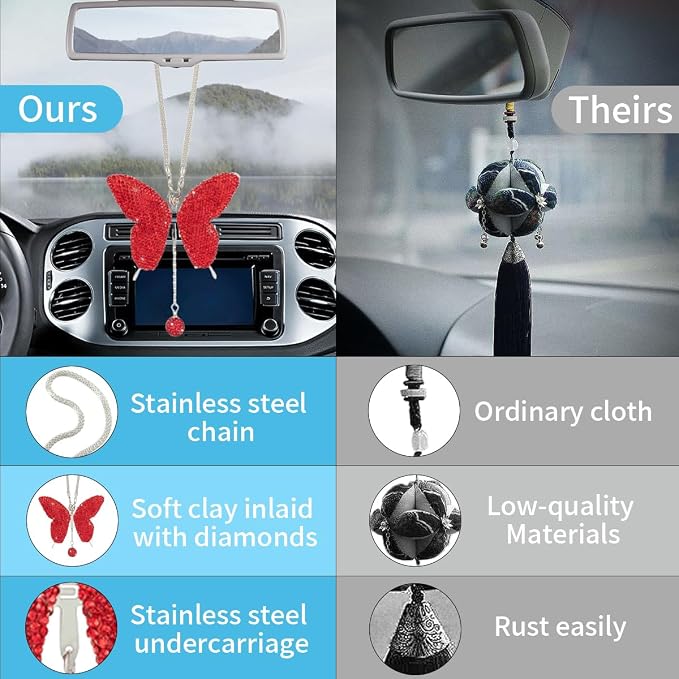JOYCOURT Bling Butterfly Diamond Car Hanging Accessories for Women, Red | Crystal Butterfly Rear View Mirror Luck Car Decoration Accessories, Valentine's Day Presents Ornament Pendant for All Cars