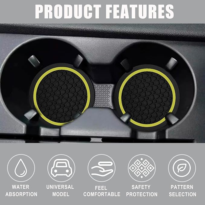 Car Cup Holder Coasters, Dustproof Automotive Interior Accessories Mat,2.75 Inch Non-Slip Insert Water Bottle Holder Pads, Universal for Vehicles, Trucks, RVs and More (Black/Yellow, 2PCS)