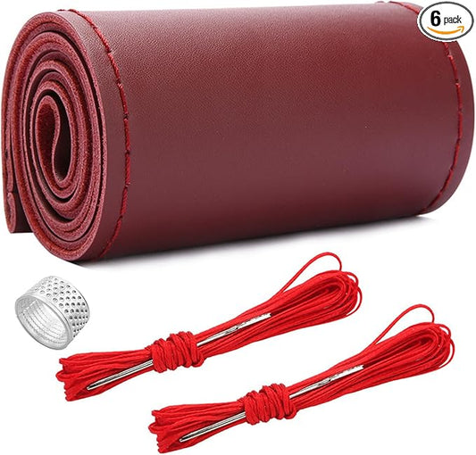 Ziciner Genuine Leather Steering Wheel Cover, Stitch on Wrap, Breathable Anti-Slip Car Steering Wheel Protector for Max Diameter 15 Inch, DIY Sewing with Needles Thread (Wine Red, Glossy)