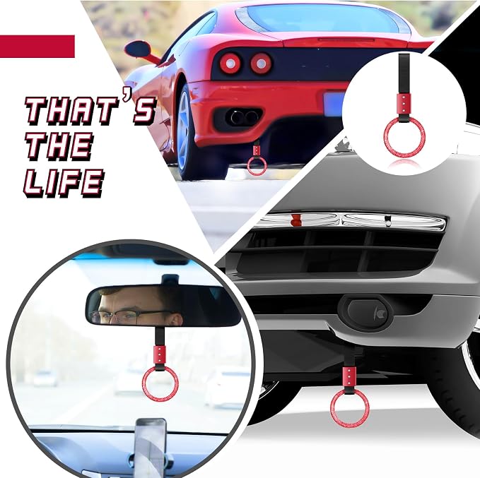 Fabbay Bling Car Accessories Bling Round Handle Ring Car Accessory for Women Hand Strap Drift Charm Rear Bumper Warning Ring Decor for Auto Bus Interior Exterior Decoration(Red, Round Style)