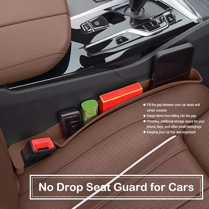 Universal Car Seat Gap Filler Plug Strip, Auto Seat Gap Organizer with Seat Belt & Storage Slot, 2 Pack Car Seat Catcher Accessories Fit Car SUV Truck for the Space Between Seat and Console, Brown