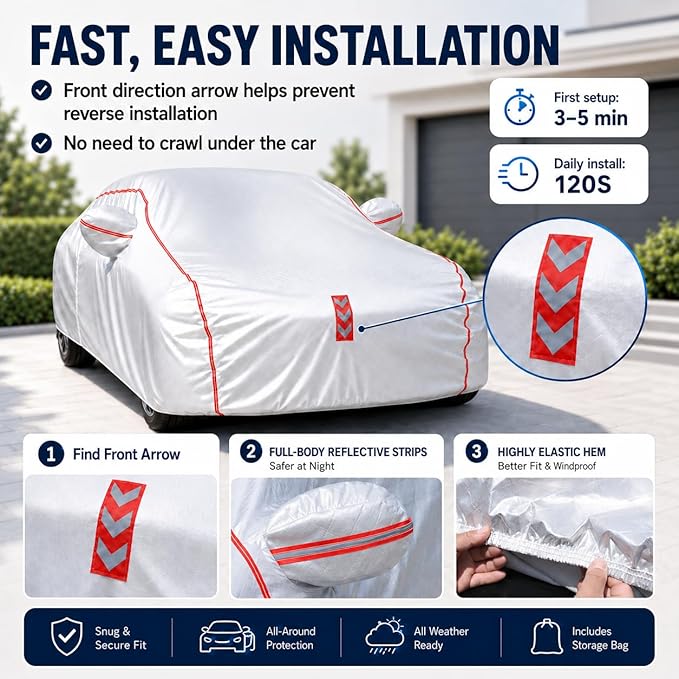 Car Cover for Sedan, Waterproof All Weather Heavy Duty, 360° Underbody Wrap Windproof Design, Quick Install Outdoor Vehicle Cover, Fits 194-208 in
