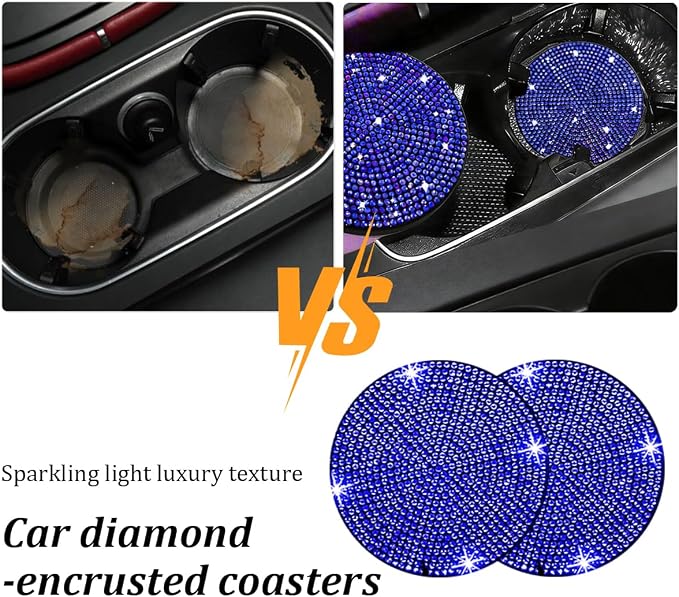 27PCS Bling Car Accessories Set for Women, 14.5-15" Rhinestone Steering Wheel Cover Cup Coaster, USB Charger Phone Holder Headrest Hook, Diamond Auto Interior Decor, Universal Fit (Blue)
