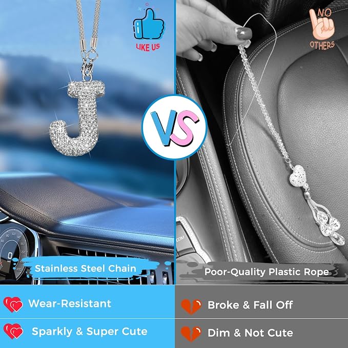 Bling Car Accessories for Women Letter Charm, Rear View Mirror Ornament Cute Hanging Crystal Pendant Girl Car Decorations, Lucky Diamond Rhinestone Girly Charm Interior (White J)