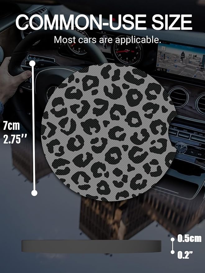 WOCOCN Cute Cup Holder Coasters for Your Car with Fingertip Grip, Auto Accessories for Women & Men,Pack of 2(Gray Leopard)