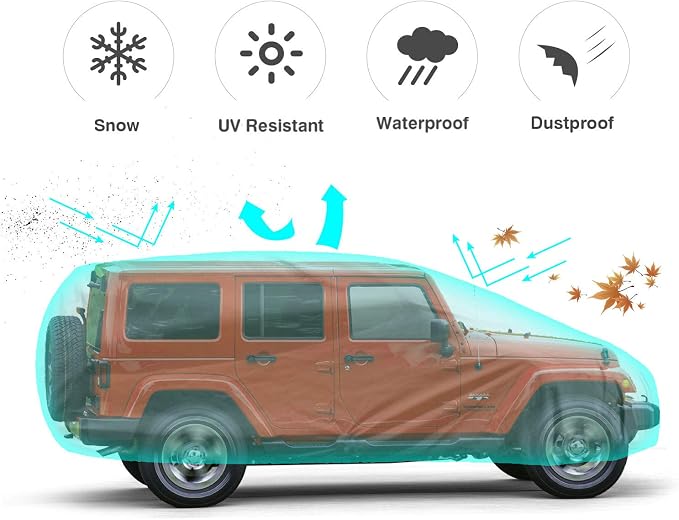 Leader Accessories Jeep Wrangler 2-Door Car Cover, Fits CJ,YJ, TJ,&JK | Waterproof, Breathable & Windproof Protection Against Rain, Snow, UV & Dust, Xtreme Guard Full Cover for Indoor & Outdoor Use