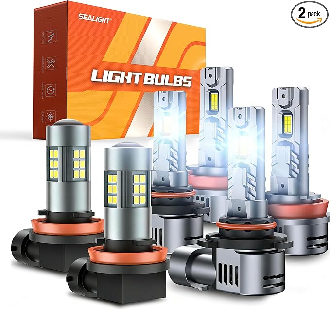 SEALIGHT 9005/HB3 H11/H9/H8 Light Bulbs Combo and F1 H11 LED Fog Light Bulbs 100,000LM Ultra-Bright 6500K 9005 H11 Bulbs with 25000RPM Cooling Fan, 360° Illumination, True Plug-N-Play, Pack of 6