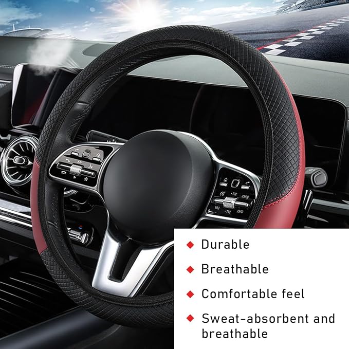 povtii Car Steering Wheel Cover, 15 Inch Leather Breathable Auto Steering Wheel Protector, Comfortable Non-Slip Vehicle Steering Wheel Covers, Universal Interior Car Accessories (Wine Red)