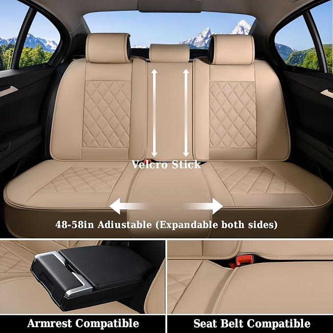 Coverado Car Seat Covers Full Set, 5 Seat Universal Seat Cover for Cars, Luxury Faux Leather Waterproof Seat Covers, Front and Back Car Seat Protector, Auto Seat Covers Fit for Most Vehicles, Beige