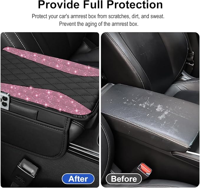 NBTEPEM Bling Pink Car Center Console Cover, Leather Middle Console Cover with 2 Storage Bags, Universal Arm Rest Cover Protector, Bling Car Accessories Interior Fit for Most Vehicles, Pink Diamond