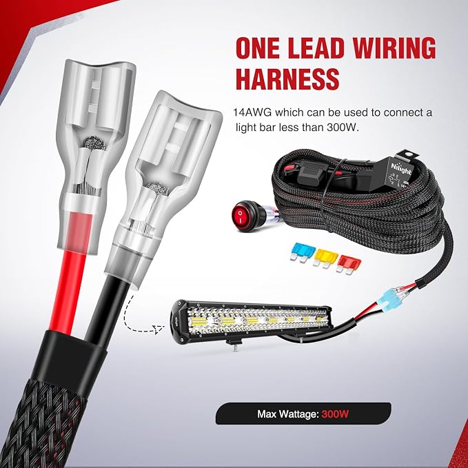 Nilight Wiring Harness Kit Nylon 14 AWG 1 Lead 12 V On Off Switch Power Relay Blade Fuse for LED Light Bar Off Road Lights on Car Jeep Boat Trucks
