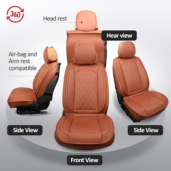 MIROZO Front Seat Covers Brown, Leather Car Seat Cover Breathable Automotive Seat Covers Universal Car Seat Protector Vehicle Cushion Cover for Sedan, Truck and SUV (2PCS Front, Brown)