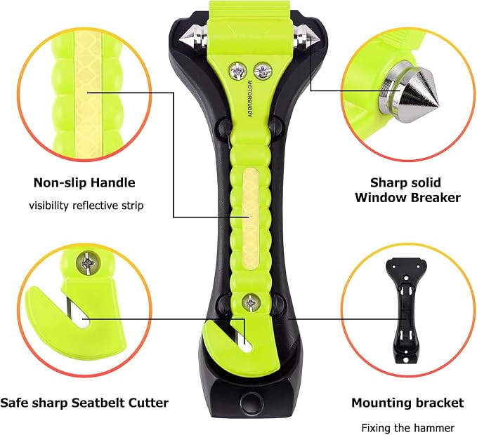MOTORBUDDY 2-Pack Car Safety Hammer Seatbelt Cutter,Auto Emengency Escape Tool with Windows Glass Breaker, Escape Tool for Car Accidents,Grow in The Dark
