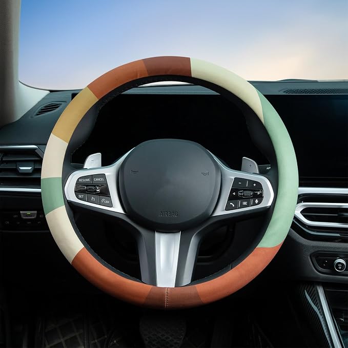 Retro Sun Rays Steering Wheel Cover Auto Steering Wheel Protector, Anti-Slip, Breathable, Absorbing Sweat, Universal Retro Car Accessories 14.5–15 inch,Fit for Most Car, Trucks, SUV