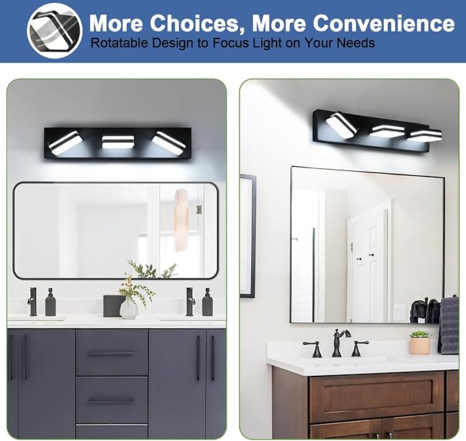 Torondo 360° Rotate LED Bathroom Vanity Light Fixtures, Acrylic Vanity Lights for Bathroom, Modern Wall Lighting Fixtures Over Mirror Living, Matte Black, Natural White, 3-Light, 17-Inch