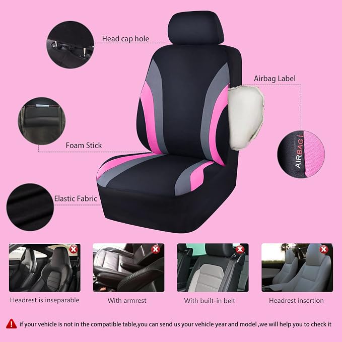 CAR PASS Line Rider Sporty Cloth 11PCS Universal Fit Car Seat Cover -100% Breathable with 5mm Composite Sponge Inside,Airbag Compatible,3zipper Bench(Full Set, Black and Pink)