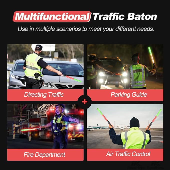 RoadHero 1 Pack 21 Inch Traffic Wands, Red and Green Led Traffic Control Baton, Safety Light Wand with 3 Flashing Modes, Air Marshaling Signal Wand with Side Clip for Airport, Parking, Car Directing