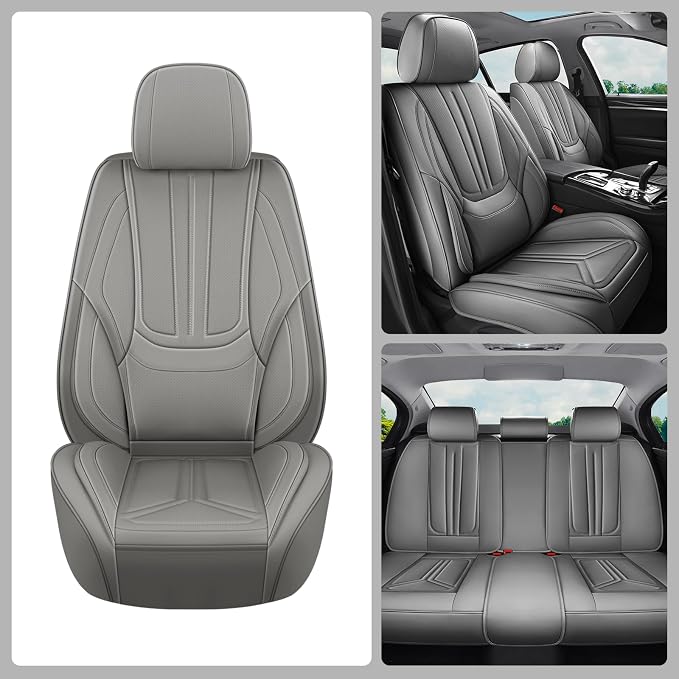 Car Seat Covers Full Set Gray, Premium Leather Car Seat Covers, Waterproof and Breathable Seat Covers, Universal Car Seat Protector Fit for Cars, Trucks, SUVs, Pick-ups