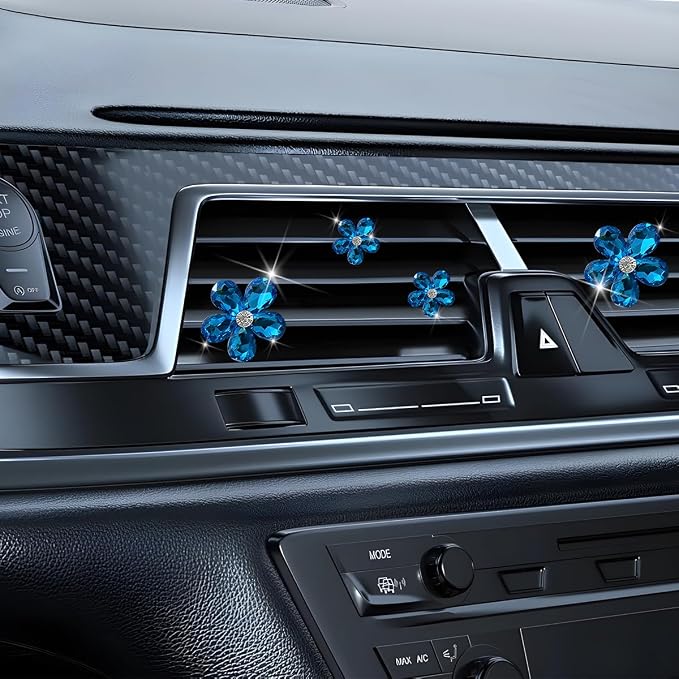 5PCS Bling Flower Car Air Vent Clips, Crystal Rhinestone Vehicle Air Conditioning Outlet Clip, Diamond Automotive Interior Decoration Charm, Universal for Automobile RV Truck (Blue)