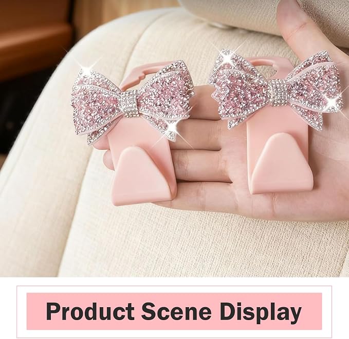 2 PCS Car Bling Seat Headrest Hooks, 3D Butterfly Bow Rhinestone Decoration Hook, Multi-function Storage Hanger for Purses and Bags, Cute Organizer for Car Rear Seat (Pink)