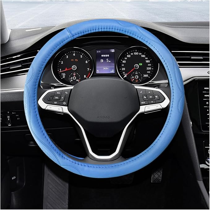 15 Inch Leather Steering Wheel Cover, Breathable Anti-Slip Steering Wheel Protector Cover, Elastic Soft Comfortable Universal Wheel Cover for Men and Women, Car Accessories (Blue)