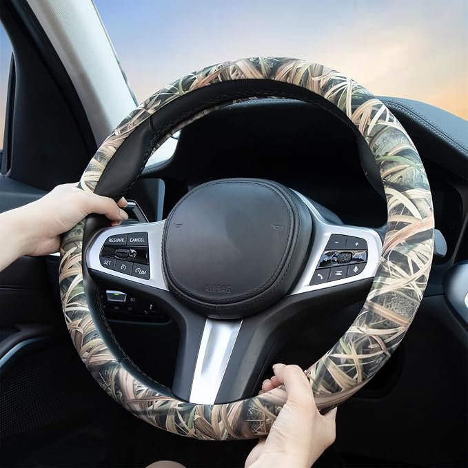 Mossy Oak Shadow Grass Blades Steering Wheel Cover Auto Steering Wheel Protector, Anti-Slip, Breathable, Absorbing Sweat, Universal Camo Car Accessories 14.5–15 inch,Fit for Most Car, Trucks, SUV