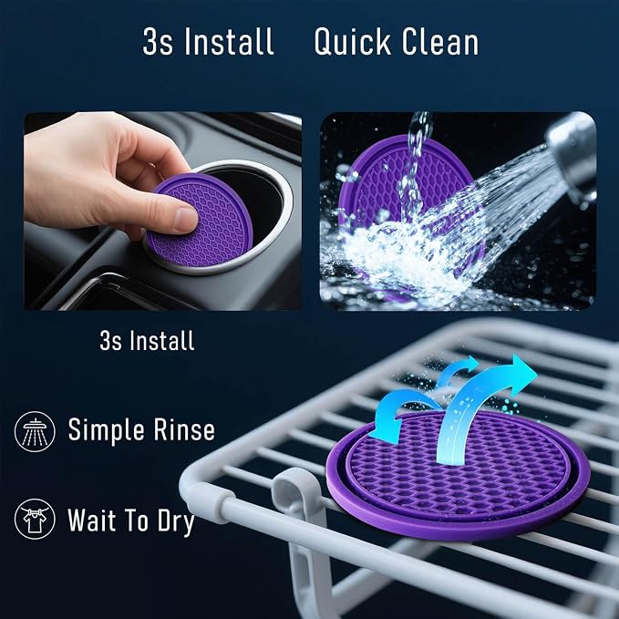 Car Cup Holder Coaster 4 Pack - Non Slip & Shockproof,Flexible PVC Rubber Insert for Car/Truck/SUV/Van (2.75"x0.2") Universal Fit Auto Cup Holders Accessories for Women and Man (Purple)