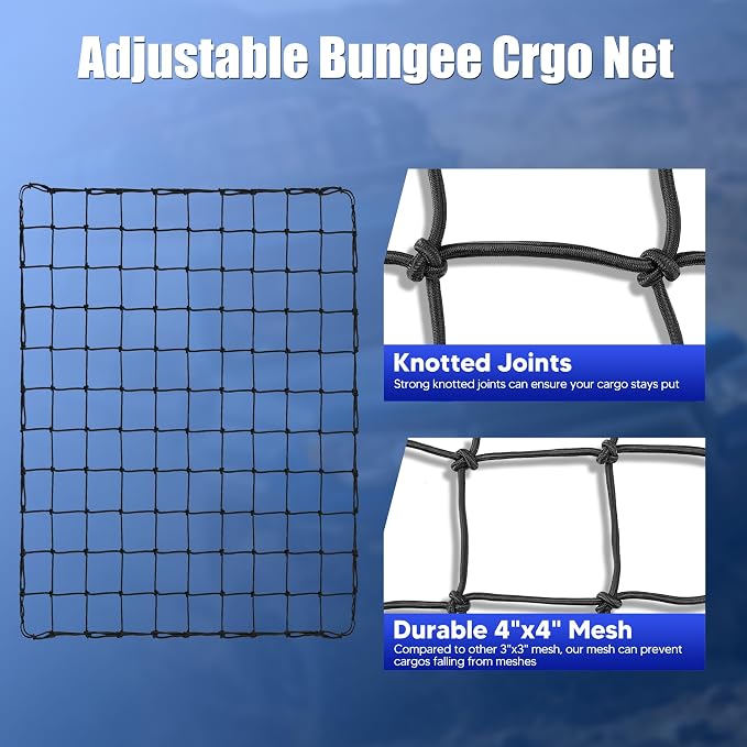 Funmit 4 x 6 Ft Cargo Net for Roof Basket and Pickup Bed, Nice Elasticity Stretches to 8 x 12 Ft with 24 Carabiners, Bungee Cargo Netting Design for Most Car Models