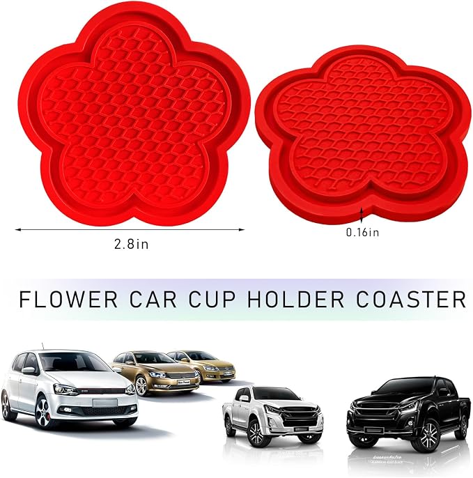 DXNQ 2 PCS Car Cup Coasters, Cute Flower Shaped Car Cup Holder Mat, PVC Waterproof Anti Slip Vehicle Cup Holder Insert Coaster, Universal Car Interior Decor Accessories (Red)