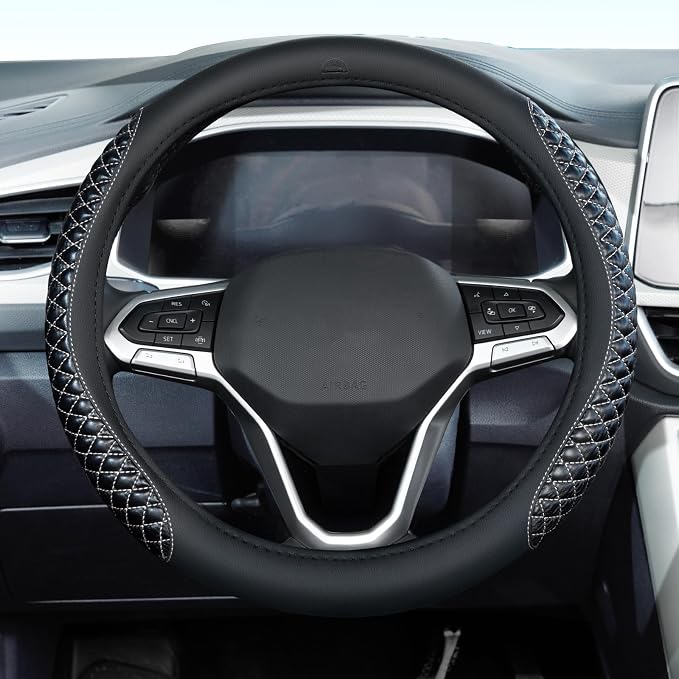 Coverado Car Steering Wheel Cover, Nappa Leather Black & Grayline Steering Wheel Covers, Universal 14-15 inch, Anti-Slip, Breathable Steering Wheel Protector for Women Men